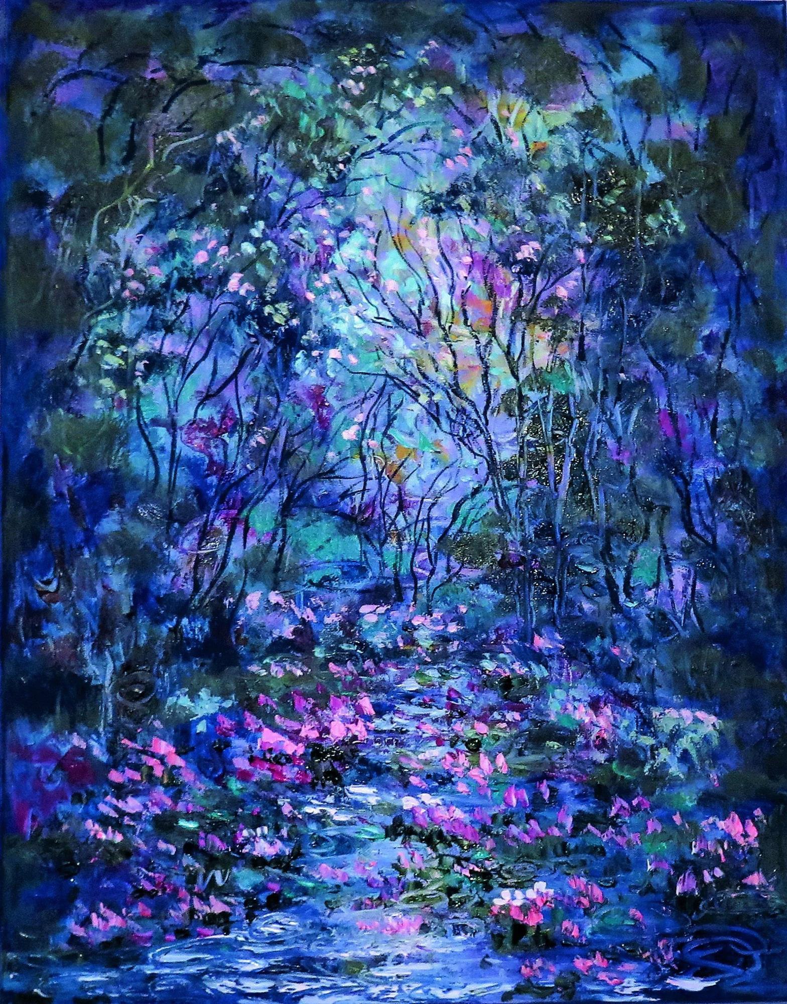 blaue bäume lila blumen gartendekor landschaft wandkunst natur landschaft textur Ölgemälde